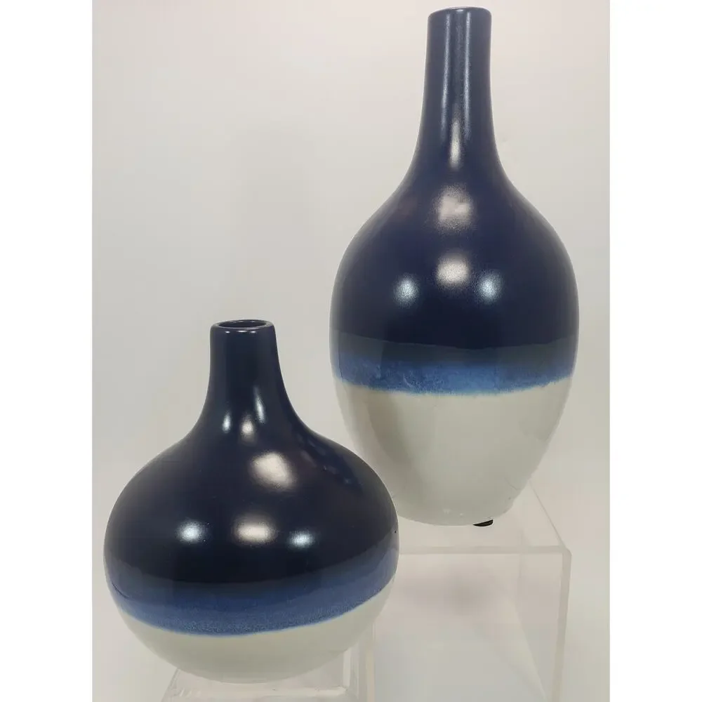 Hand Dipped Blue& White Vases For Decorative Use Only 9-1/2